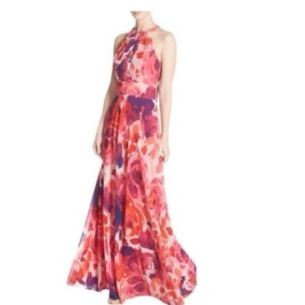 Eliza J Women’s Size 4 Maxi Dress Pink Floral Chiffon Sleeveless Halter Neck